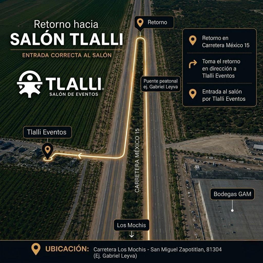 Vista aérea de la carretera México 15 con la ruta marcada: el retorno, el puente peatonal del ejido Gabriel Leyva y la entrada al salón Tlalli del lado poniente.